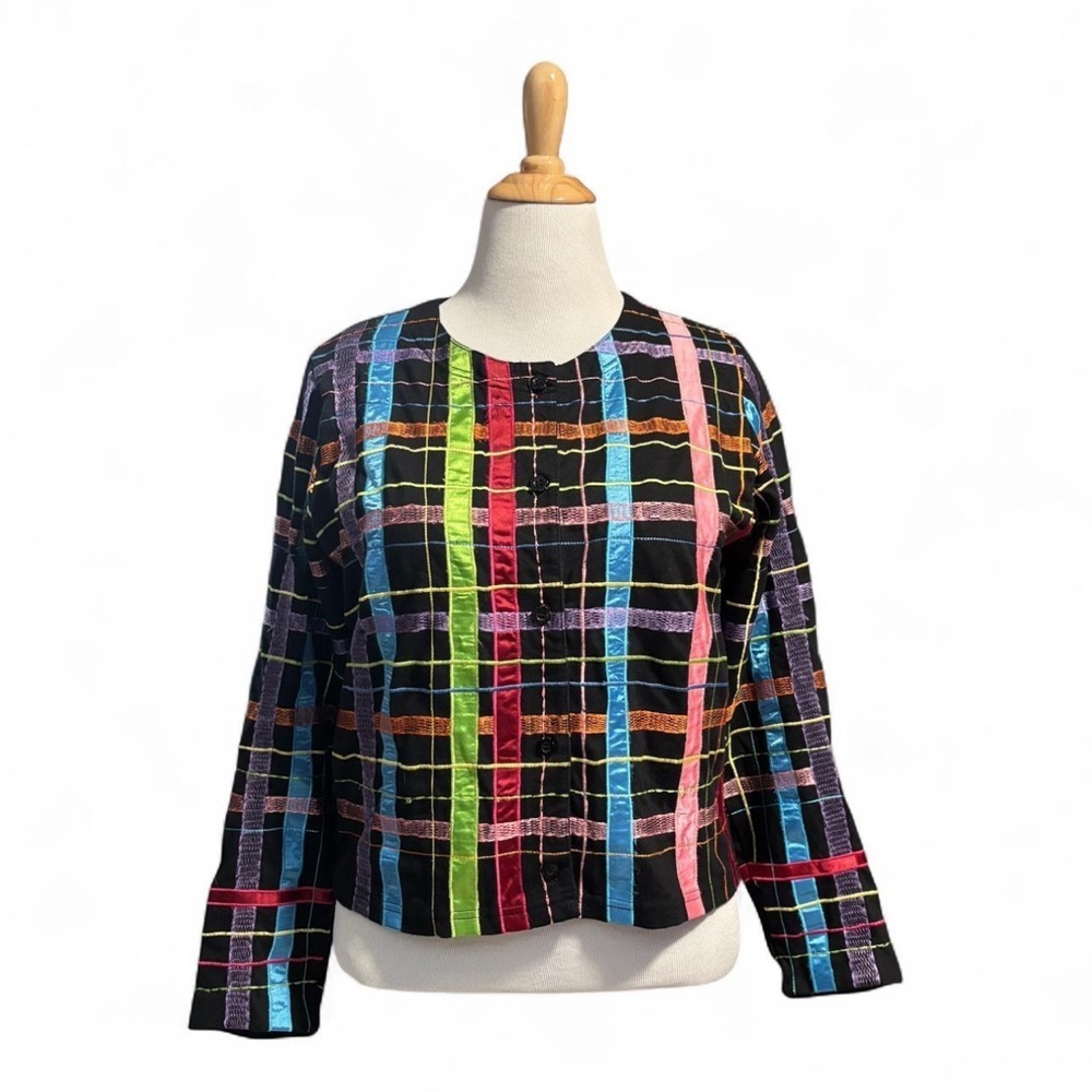 Michael Simon Lite Cotton Jacket L Colorful Plaid Patchwork Embroidered Art